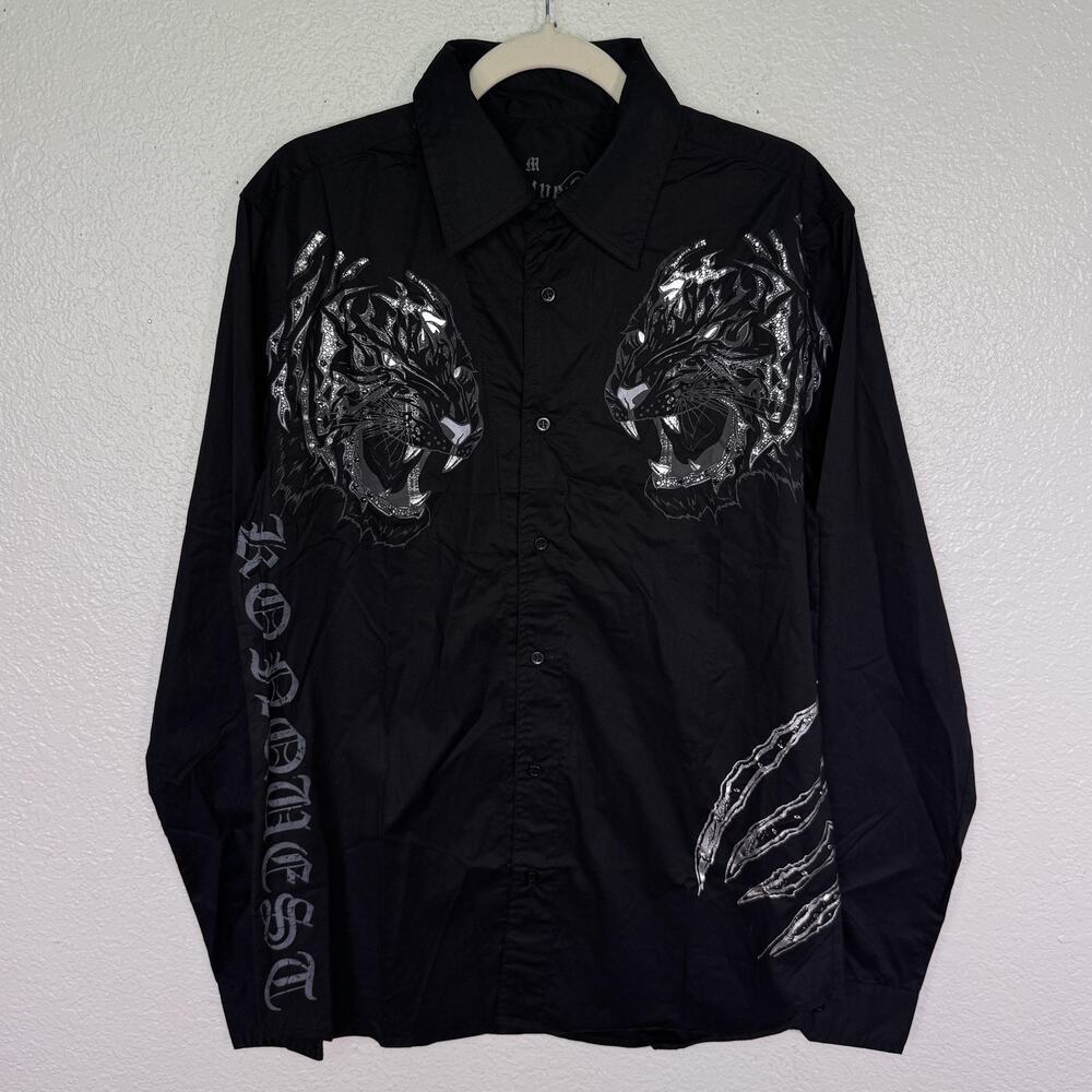 Konquest Shirt Mens Medium Tribal Tiger Rhinestone Swarovski Studded Y2K Black